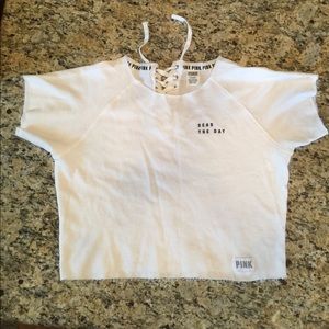 VS Pink M White Cropped Cutoff Lace Up Sweatshirt